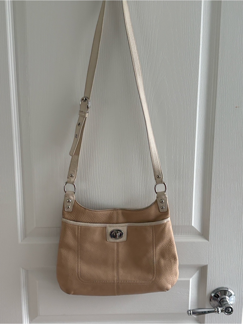 Coach Beige Leather Crossbody Bag with Cream Strap